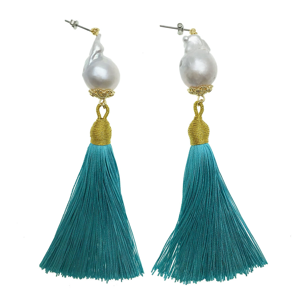Barokke Parels Blauwe Tassel Oorbellen CE019